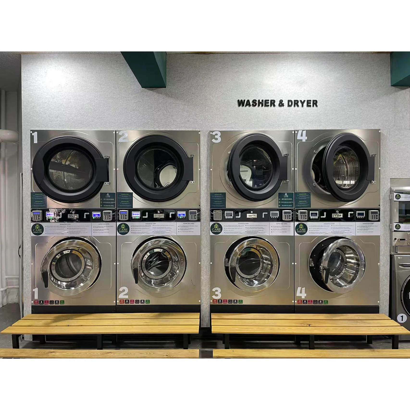 코인/카드 작동식 12-25kg 전자동 스택형 세탁기 및 건조기, 상업용 세탁 장비