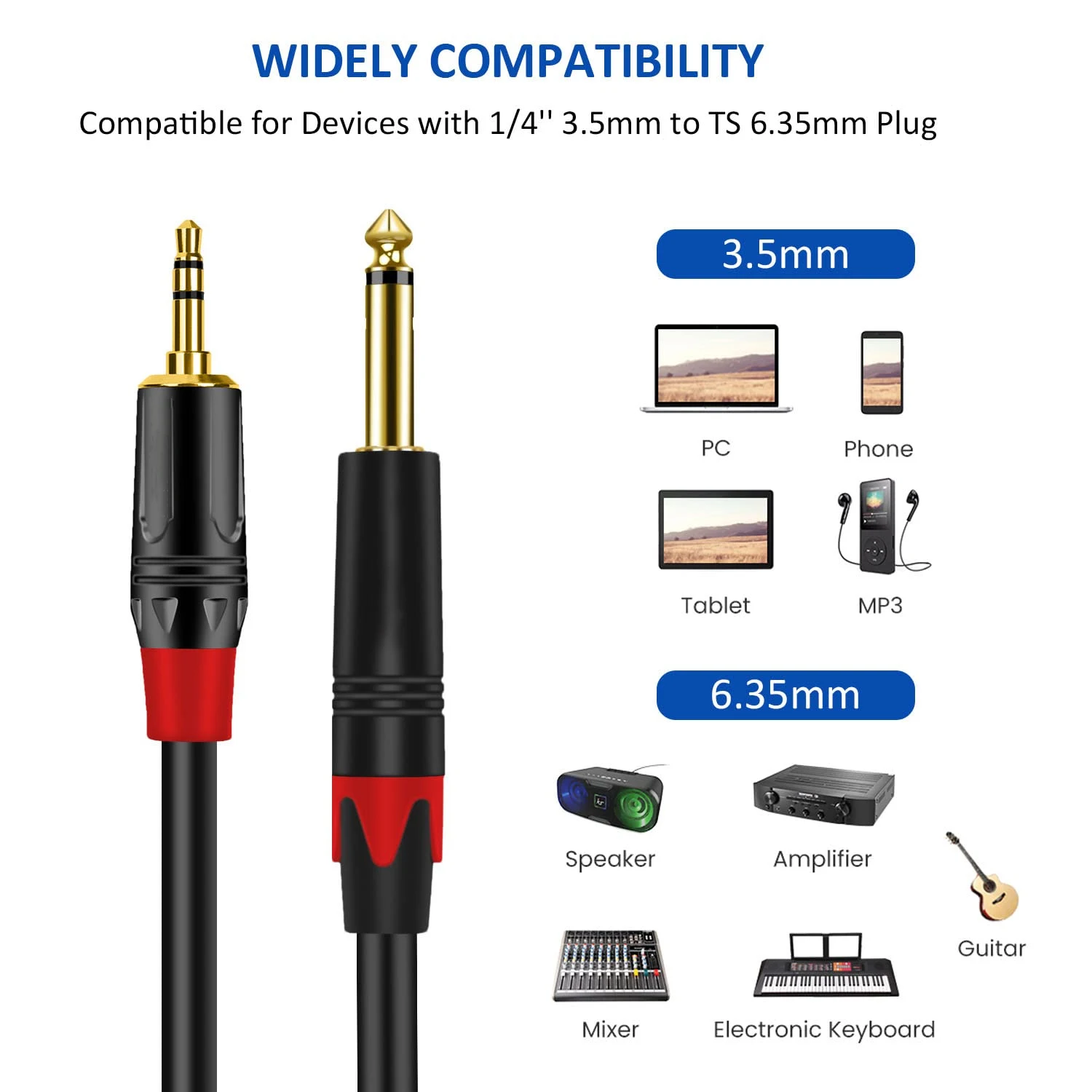 Unbalanced Cable 3.5mm 1/8 Inch To 6.35mm Plug 3.5mm To 6.35mm Stereo