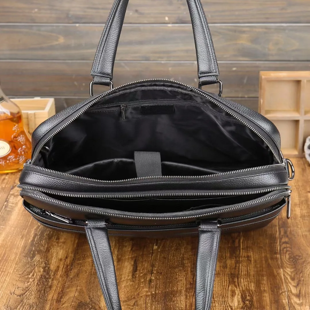 Logo Leather Cow Hide 14 Inches Case Messenger Business Bag Real Black Pebble Leather Computer Laptop Briefcases
