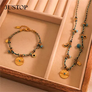 Jute Rope Necklace Bracelet Set Moon Star Coin Charm Pendant With Natural Stone Jewelry Set for Women Fashion Set