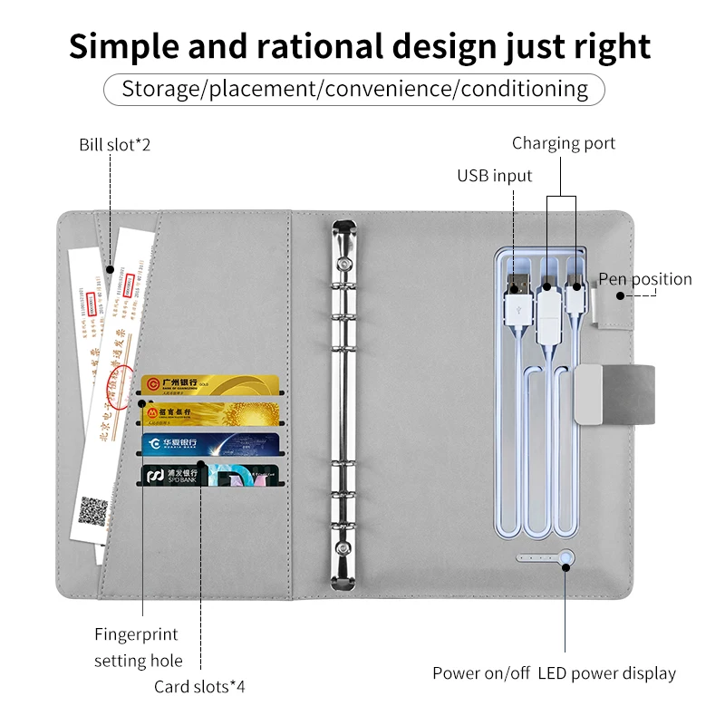 Promotional Secure Diary Notebook Custom Logo VIP Gift Password Code Lock BT Smart Pen App Transfer Agenda with Power Bank