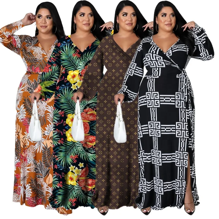 Summer Floral Printed Pleated Dress Vestidos Half Sleeve Ladies Wrap Long Fat Women Clothing Casual Plus Size Women Dresses