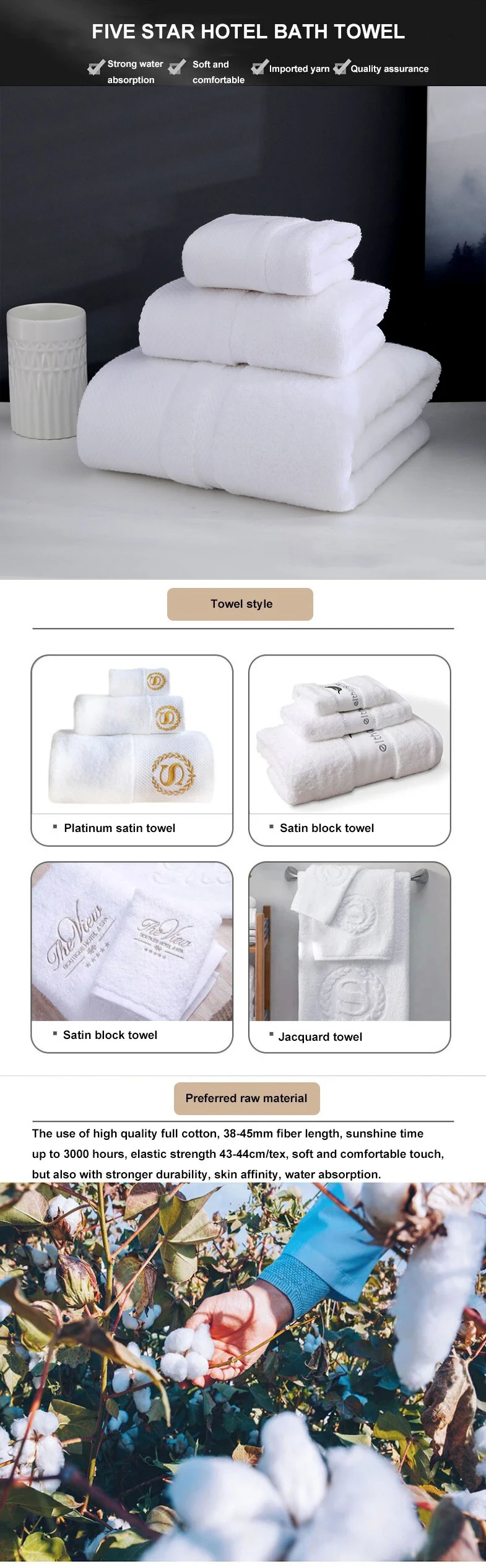 Customized 100% cotton hotel bed with luxurious five-star LOGO embroidered bath towel details