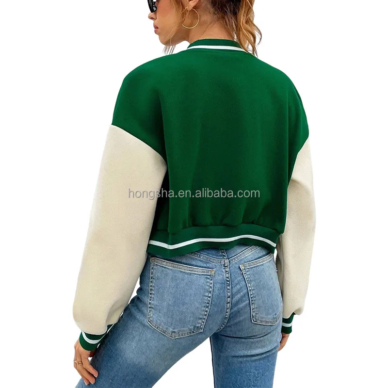 Green Stripe Trim Cropped Varsity Bomber Jacket