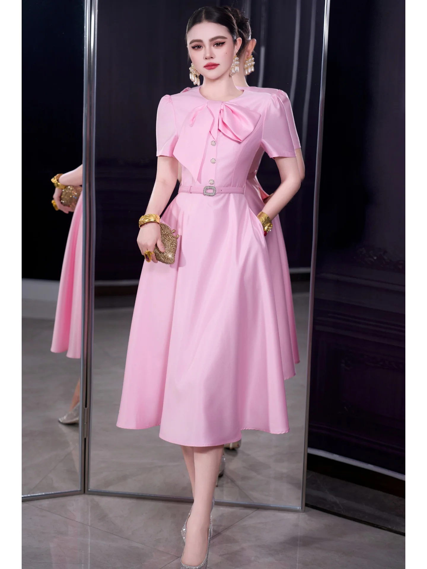 Elegant Vintage French Style Women's Dress Short Sleeve Bow Waist-controlled Mid-length Loose Fit Polyester Party Skirt