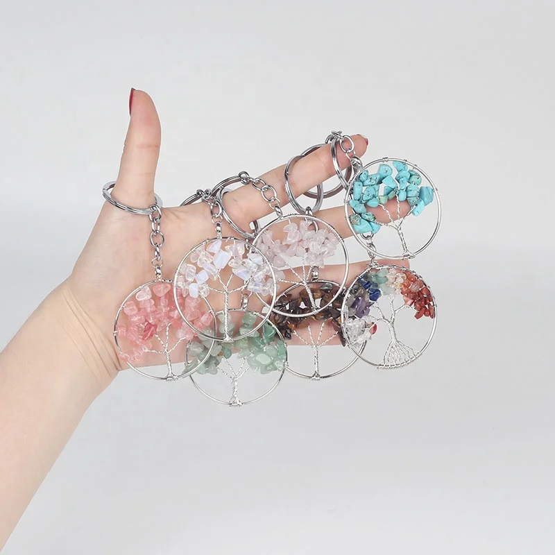 Цепочка для ключей с подвеской из камня, 7 чакр, дерево жизни, кристалл, лечебное ожерелье рейки, кристалл натуральный, 3,5 см * 5 см