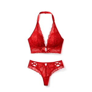 Top Hot Sexy Underwear with Bold Halter Neck Plunging Bralette Geometric Cage Strappy Detail Women Lingerie for Sexy Panties