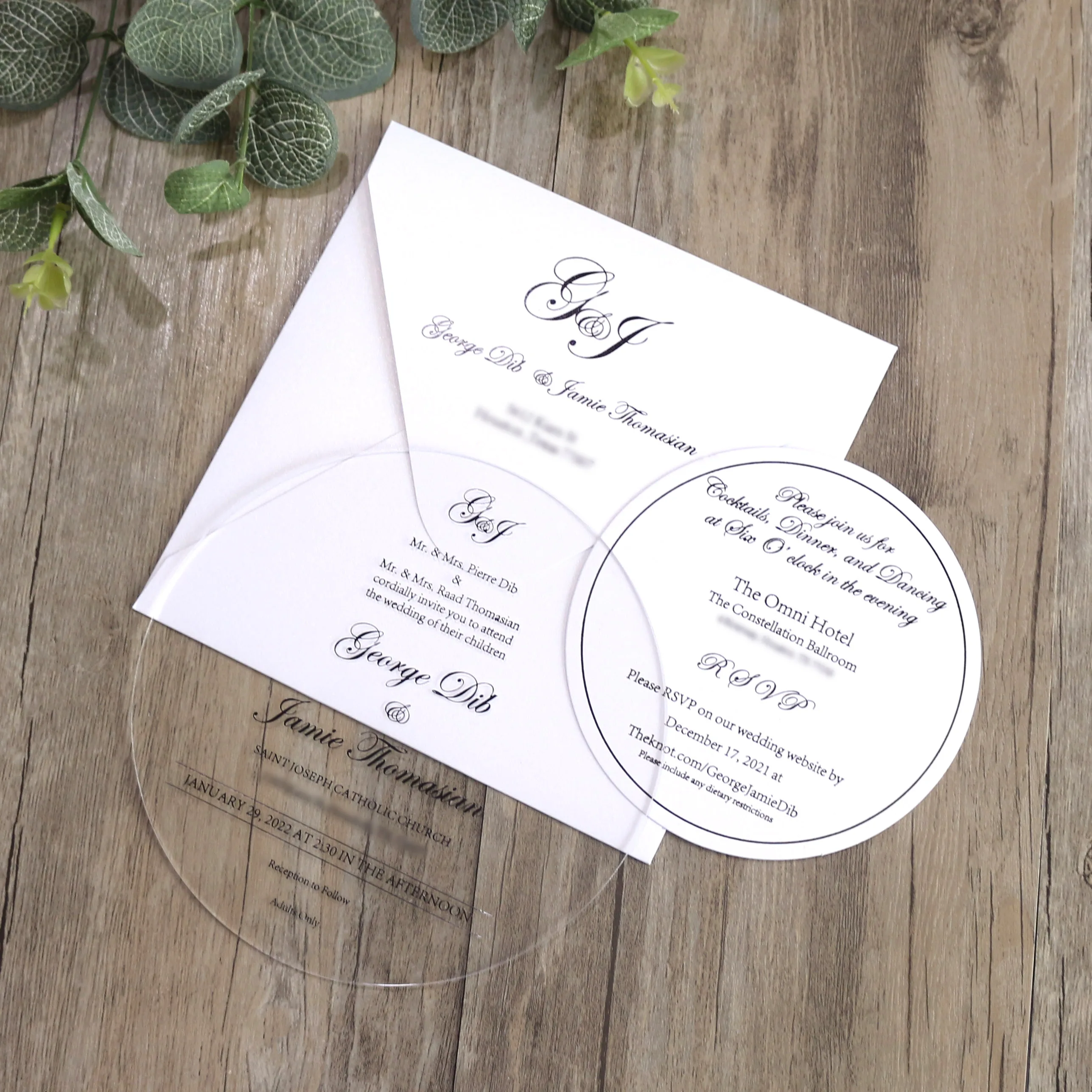 Acrylic DIY Wedding Invitation Set Round Clear Invitations White Envelope Black Foil Save Date Cards Anime Craft Music Style