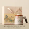 Tazza da ufficio retrò con manico in legno e motivo di ortensie rosa - Jiangshan