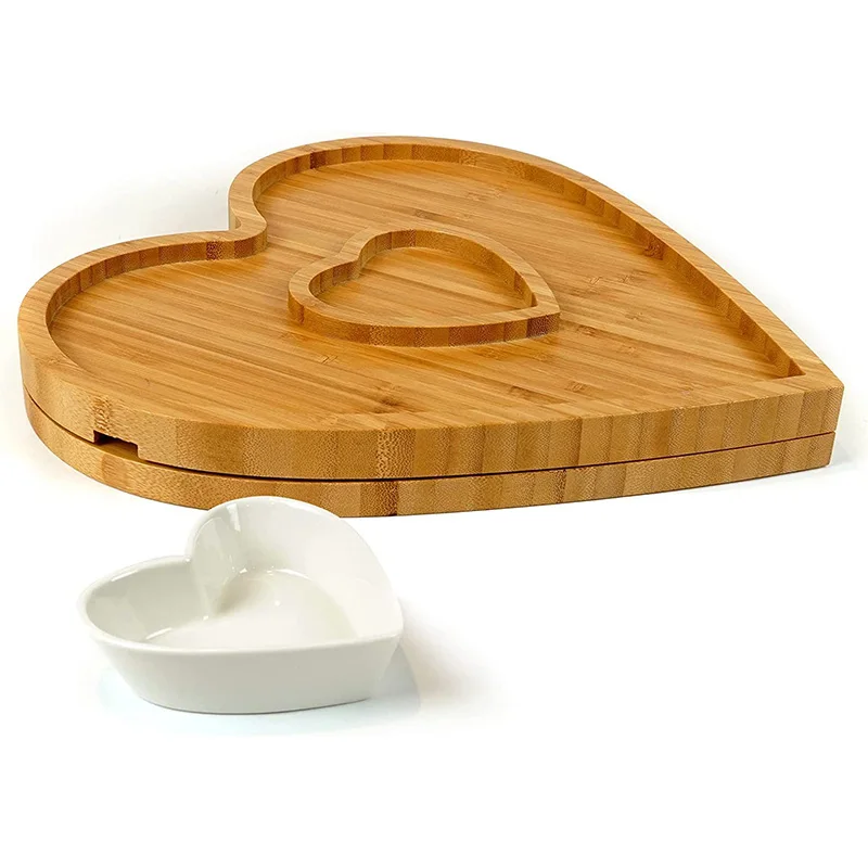 Bamboo Heart Charcuterie Board Set Cheese Tray for Serving Cheese Crackers and Appetizers with Knife Set