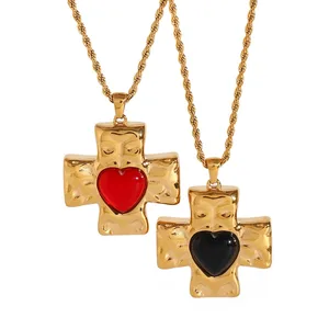 High End Stainless Steel Hammer Pattern Love Necklace 18k Gold Red Agate Cross Pendant Necklace