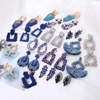 new 2021 Blue Resin Lace Petal Earrings Handmade Za Boho Jewelry Long Geometric Drop Fashionable Earring for Women