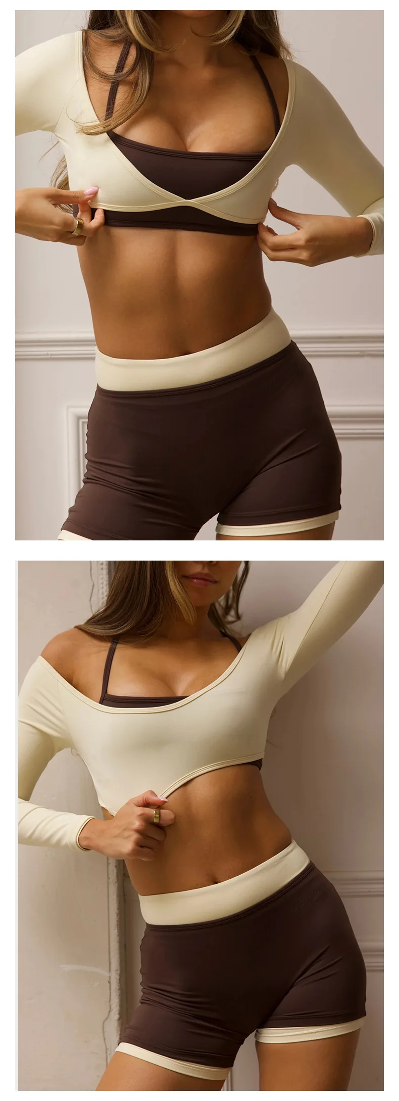 Breathable Womens Yoga Spandex Nylon Long Sleeve Deep V Neck Solid Shirt Outdoor Casual Wear — detail