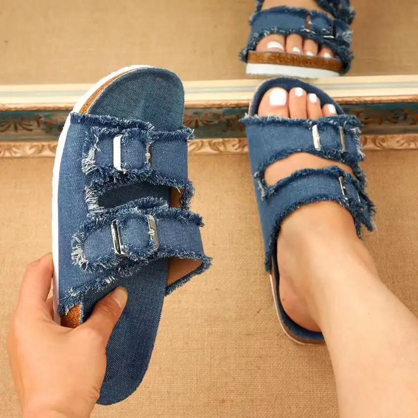 Plus-Size 2024 Summer New Casual Denim Solid Color Canvas Buckle