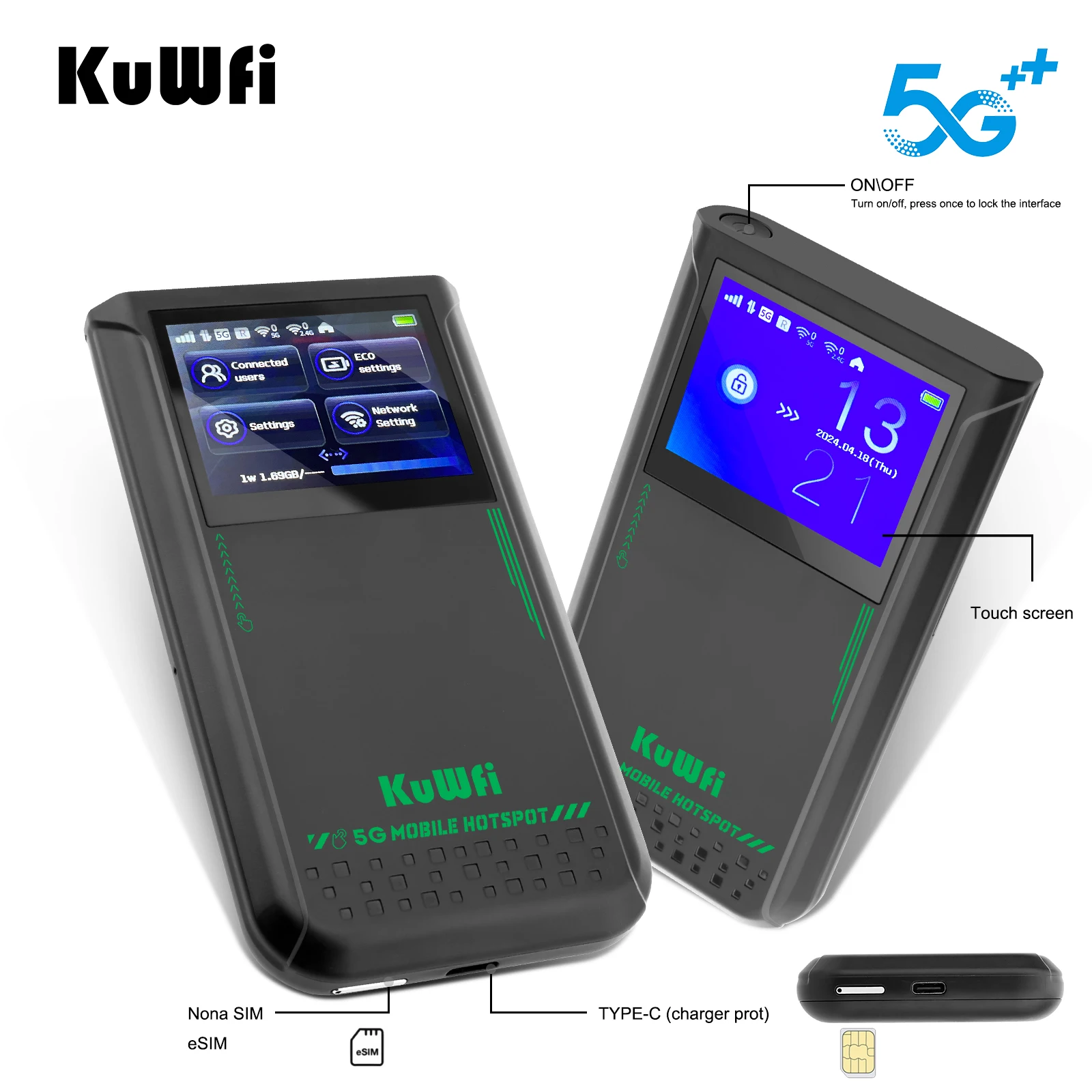 ESim KuWFi Touchable LCD Screen 5g Sim Card Router 4500mAh Battery Dual Band 3000Mbps Pocket Wifi Universal 5g Router