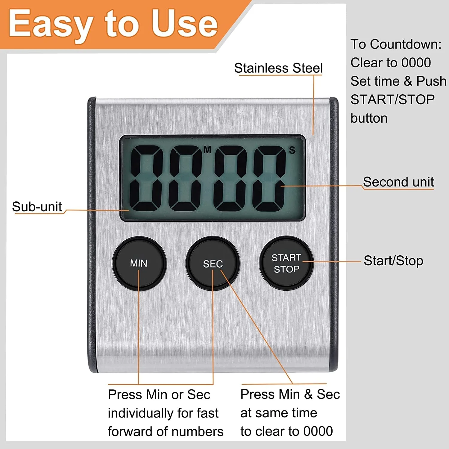 Wholesale Home Baking Tools Kitchen Timer Reminder Stainless Steel Surface Magnetic Multifunctional Electronic Digital Timer