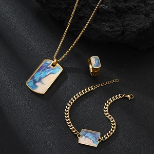 2026 New Design Fashion Light Luxury Stainless Steel Turquoise  Necklace Bracelet Ring Jewelry Set