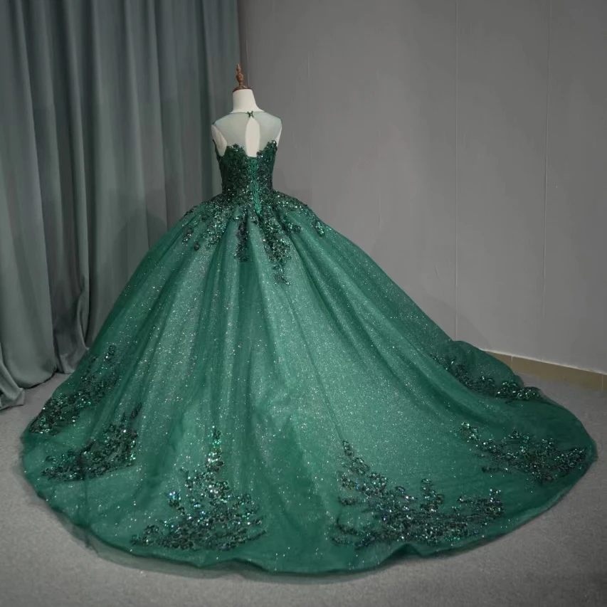 green emerald velvet dress Gorgeous Lace Flower Beaded V-Neck Emerald Green Prom Dress Ball Gowns