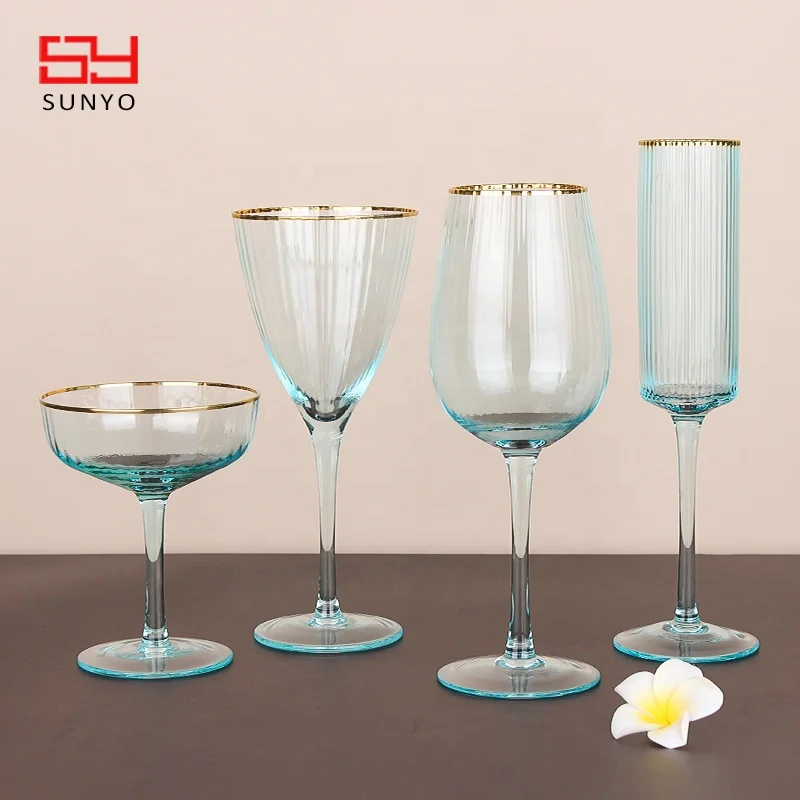 Sunyo Wholesale Hand Craft Customized Unique Gold Rim Pink Ribbed Wine Glasses Hot Pink Crystal Goblet Coupe Red Wine Glass