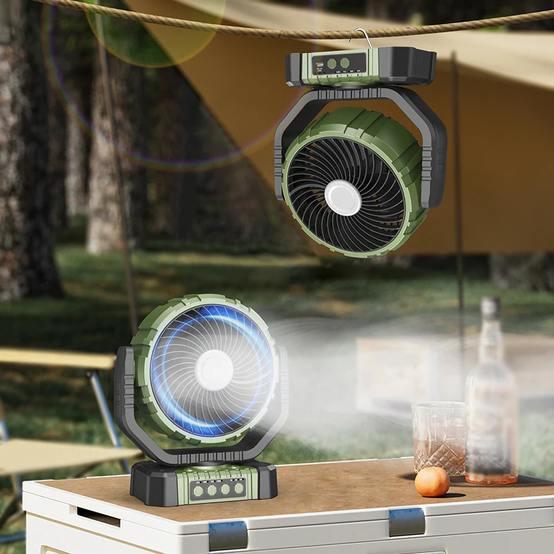 Fan Iṣipopada Kekere Outdoor 4000Mah 8000Mah Iyara Giga Strong Desk Portable Camping Cooling Fans Pẹlu Imọlẹ Ati Charger