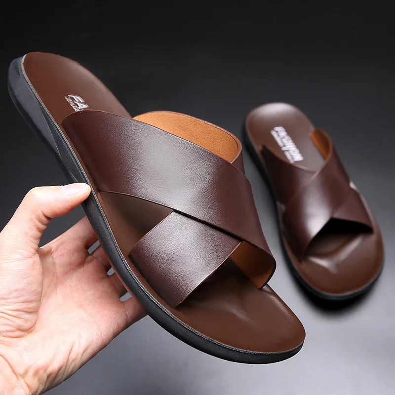 New Styles Men Summer Fashion Genuine Leather Sandals Comfortable Lightweight Cross Strap Slip on Beach Slide Sandals Shoes