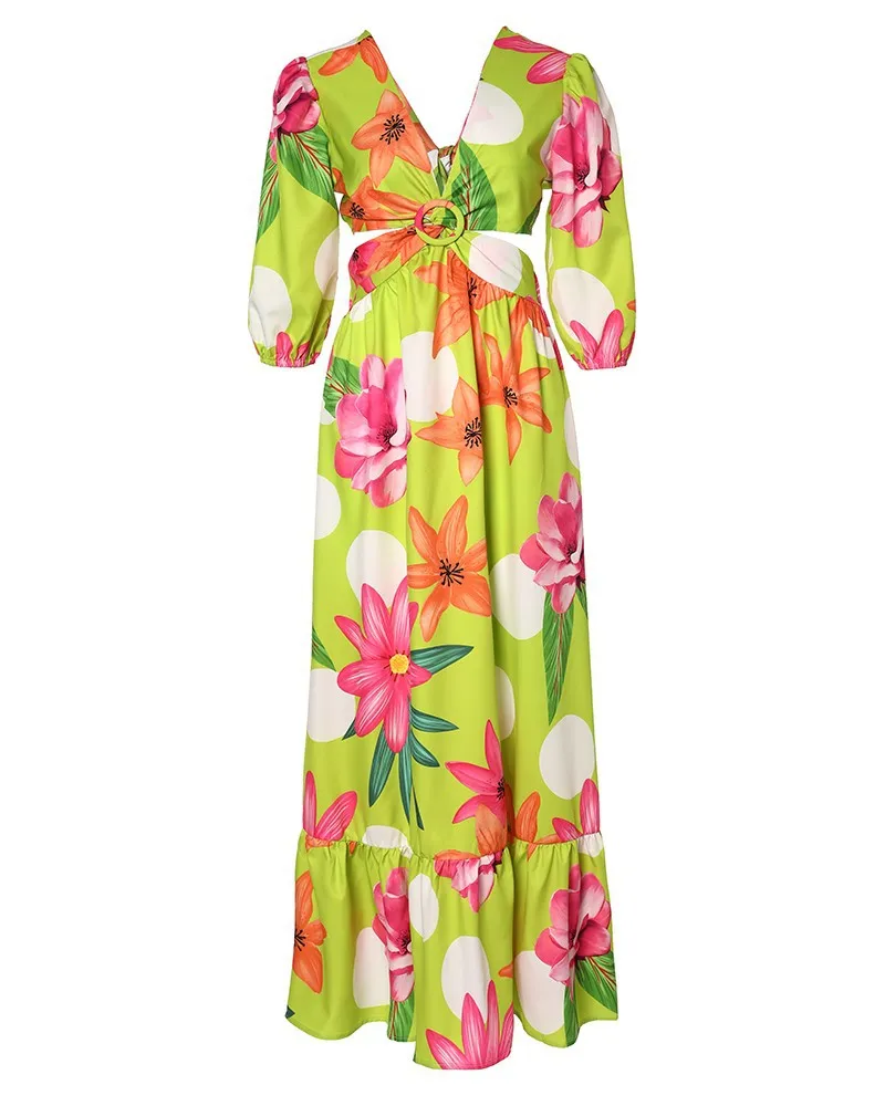 5819# Chic Design Vintage Chiffon Floral Printing Casual Elegant Long ...