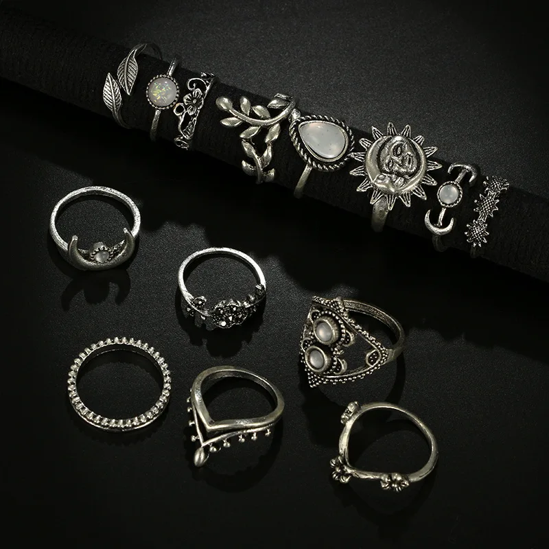 2021 European and American water drop flower sunflower moon sun 14 piece ring set