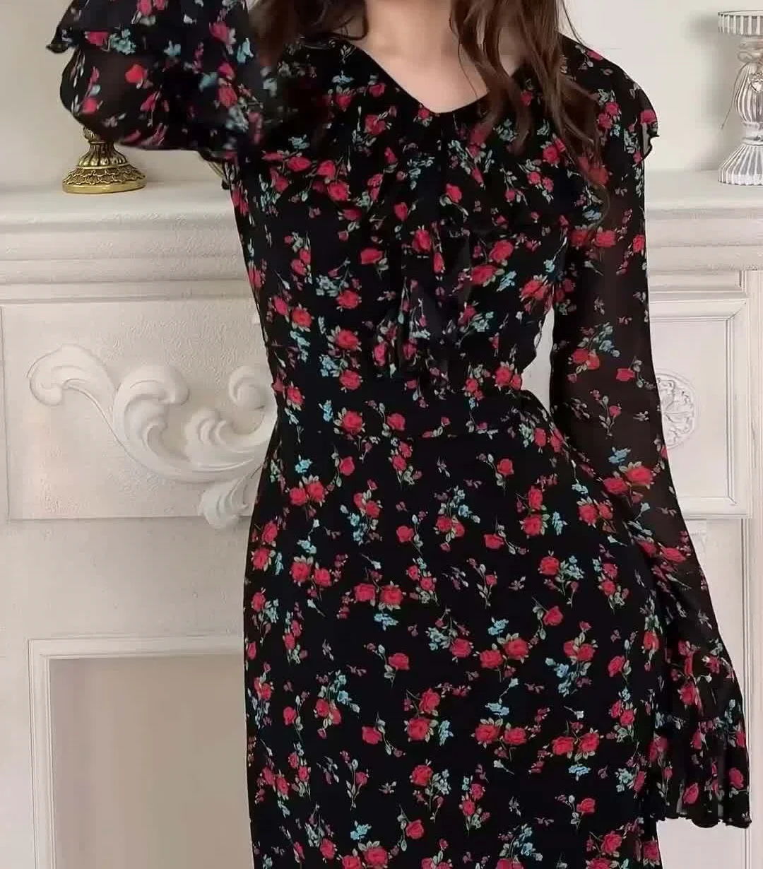 chiffon korean floral dress Korean Long Sleeve Chiffon Korean Dress V-neck Elegant Sweet Dress Women  Long Sleeve Chiffon Floral