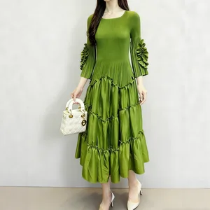 European and American Style Women's Fashion Dress Solid Color Casual Dress Miyake Pleated Dress Wholesale Smocked Clothing