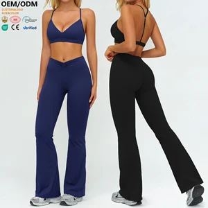 XW-TZ9313-2 Custom Wholesale Flare Pants High Quality Gym Clothing Workout Fitness Training Chest Pad 2 Piece Yoga Wear Set