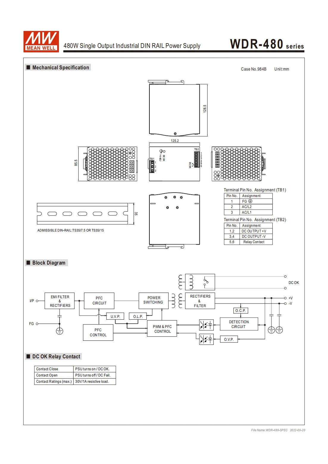 Meanwell WDR-480 series 480W Ultra Wide Input Industrial DIN Rail Power Supply WDR-480-24