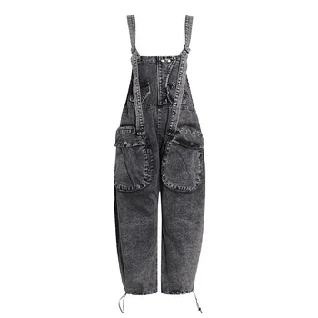 New Streetwear Fashion Women's Pants & Trousers Cargo Overalls Grey Denim Jeans Loose Suspender High Waist Casual Trousers Pants