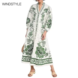 High-Grade Women's French Design V-Neck Printed Floral Pattern Lantern Sleeve Knee-Length for Daily Use Spring Autumn