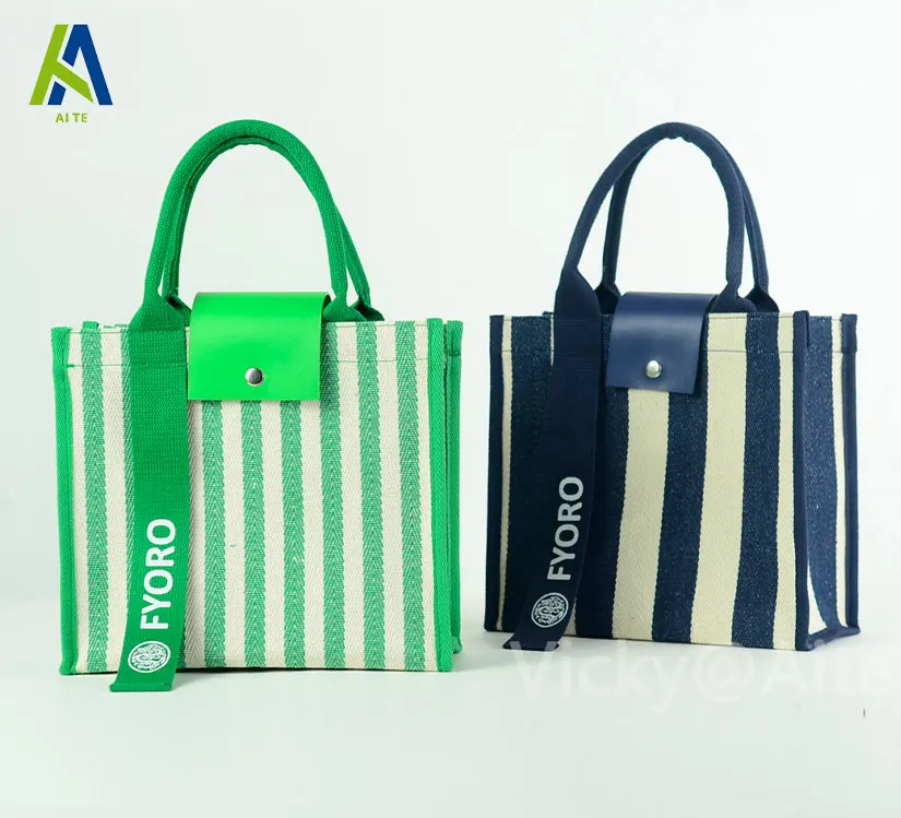 Reusable Stripe Large Capacity Custom logo  with Cotton Tissue Waterproof  Canvas Shopping Tote Yoga Travel  Bag