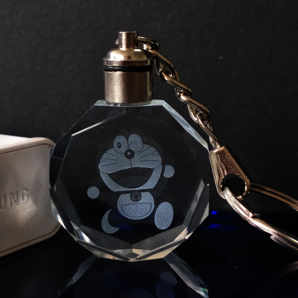 Custom Design Carton Figure Doraemon Laser Inside Crystal Glass Keychain Key Ring Holder Souvenir Gift  Promotion Kids Gift