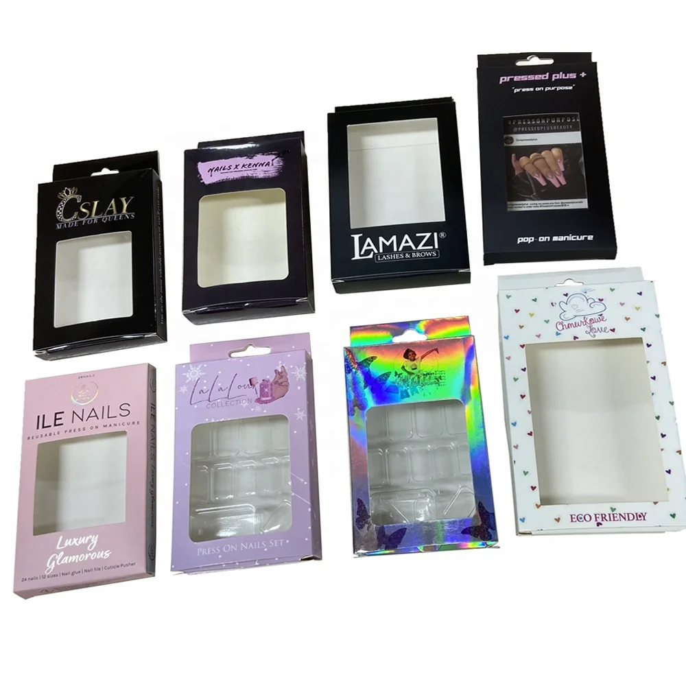 Custom Jewelry Packaging Box Gold Foil Logo Paper Box for Press on Nail Packaging Box with Clear Window supplier