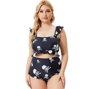 New Flounced One Piece Swimsuit Women Sexy Plus Size Skull Print High Waist Hollow Bathing Suit for Girls
