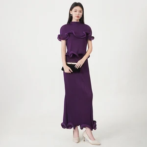 2025 Latest Miyake Pleated Set High Quality Design Ruffled Top and Skirt Two-piece Sets Women's Elegant Dress Evening Gown