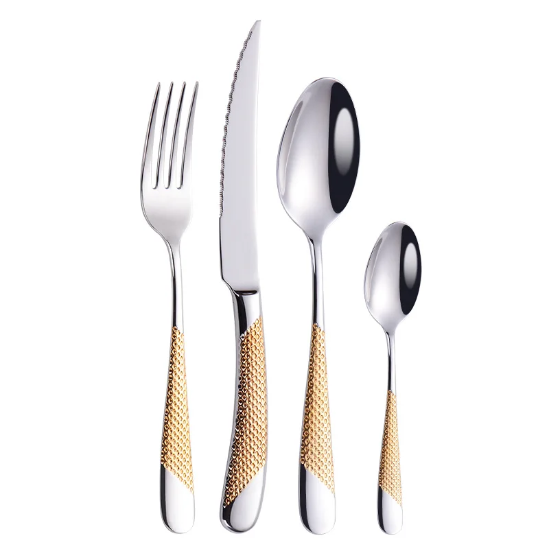 Modern Embossed Handle Knife Fork Spoon Silverware Luxury Flatware Stainless Steel Gold and Silver Cutlery Set for Restaurant