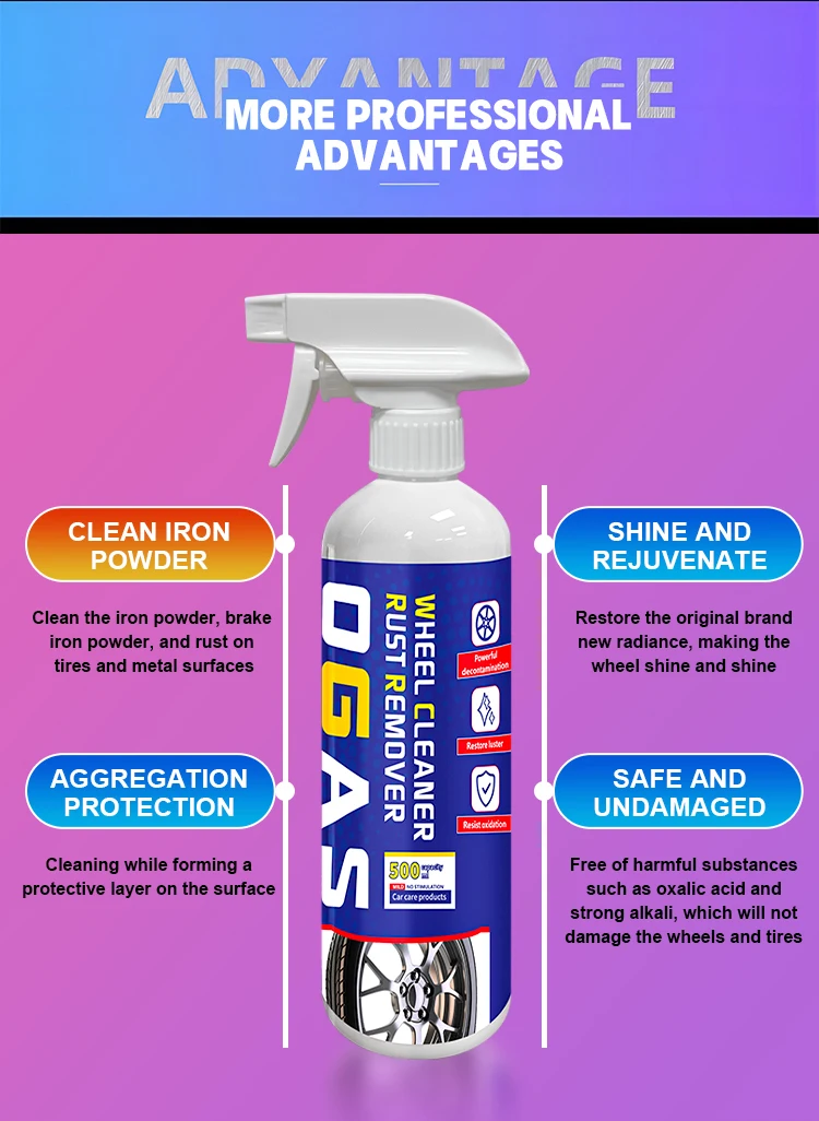 Ogas Customizable Iron Wure Removal Frim Tire Wheel Cleaner Iron Remover Spray Purple Powder