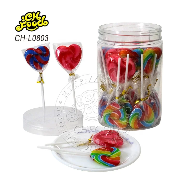 Wholesale Rainbow Fruit Flavor Heart Shape Lollipop Candy Sweets OEM Halal Pin Pop Hard Cartoon Hard Candy for Kids