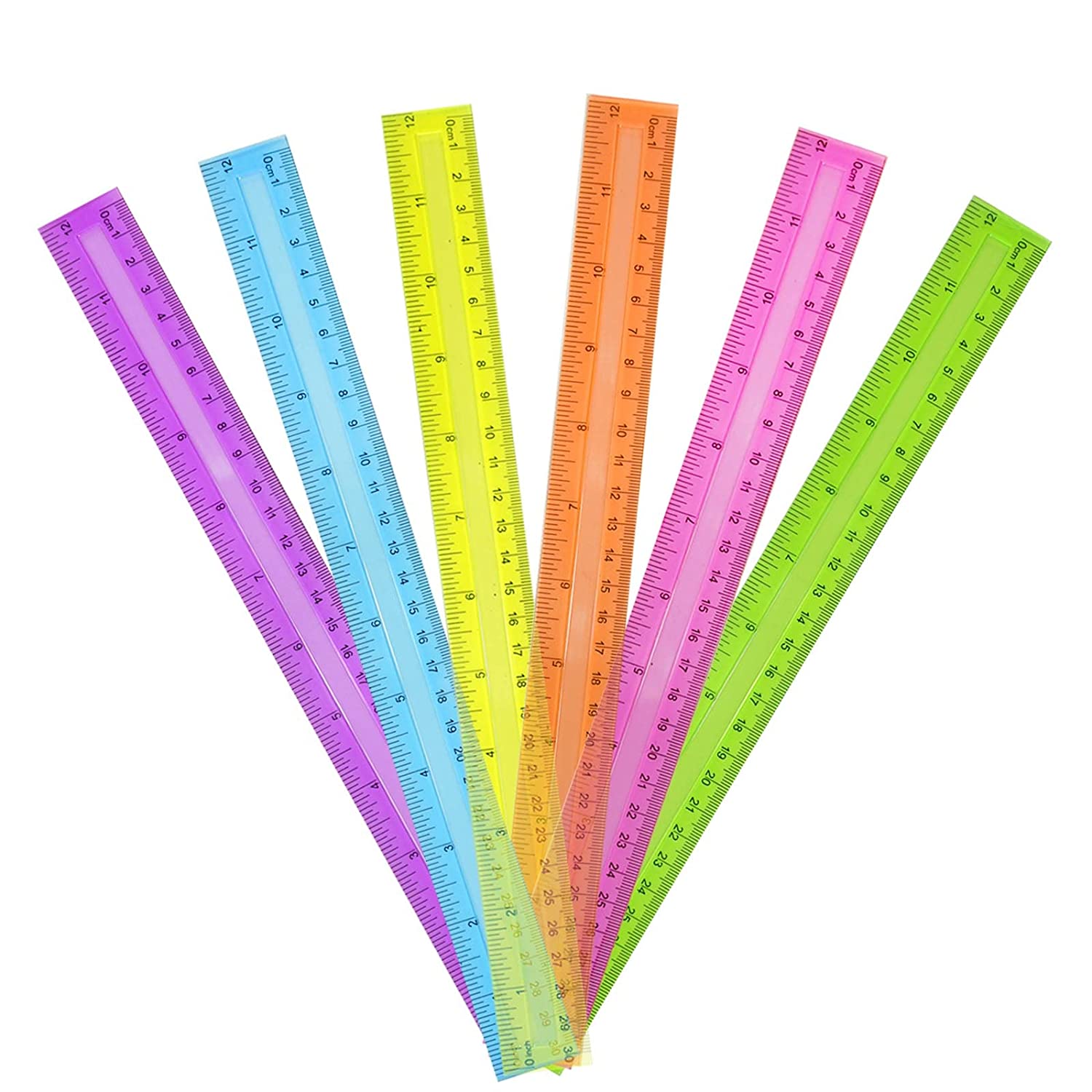 12 Inch Transparent Assorted Color Plastic clear  Kids Ruler with Inches and Centimeters