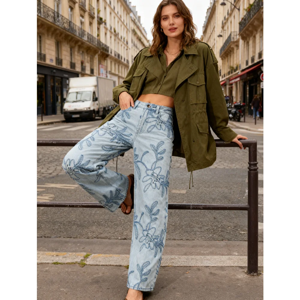 Custom Denim Pants Wide Leg Hip Hop Style Fade Breathable Jeans Straight Embroidered Jeans