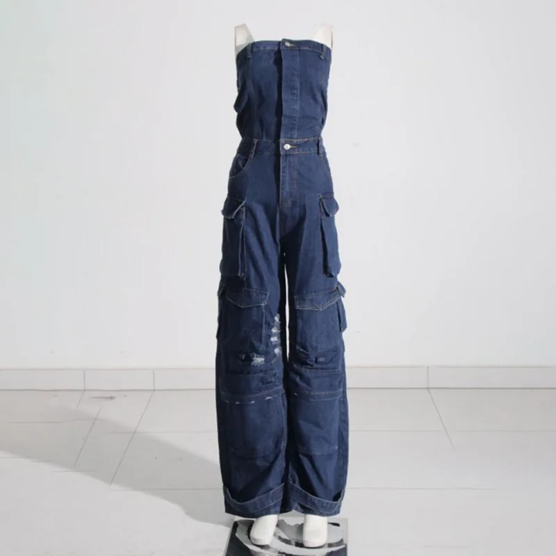 New Fashion Women's Jeans Casual High Waist Zipper Pocket Workout Denim Rompers Casual Denim Jeans Cargo Jumpsuits for Women