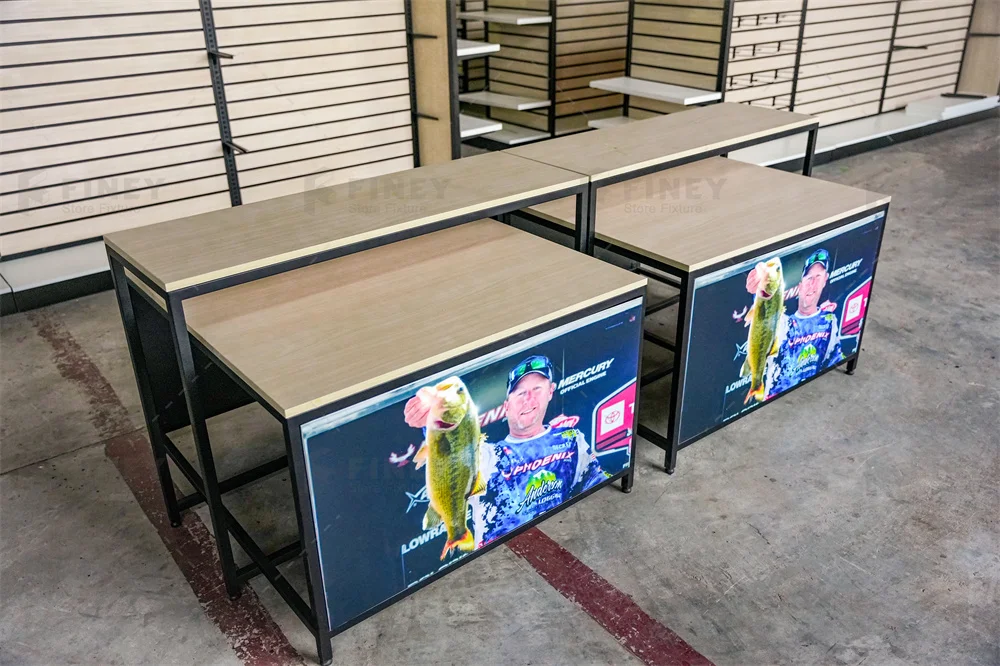 Retail Store Fixture Fishing Tackle Interior Design Custom Wooden Wall Fishing Gear Display Rack Gondola Supermarket Rack