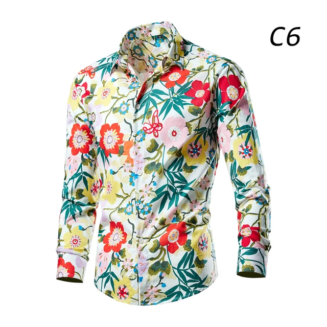 Fashion Man's Casual Shirts Long-sleeved Printed Floral Crushed Single Row Buttons Polo Collar Breathable 100% Cotton for Spring
