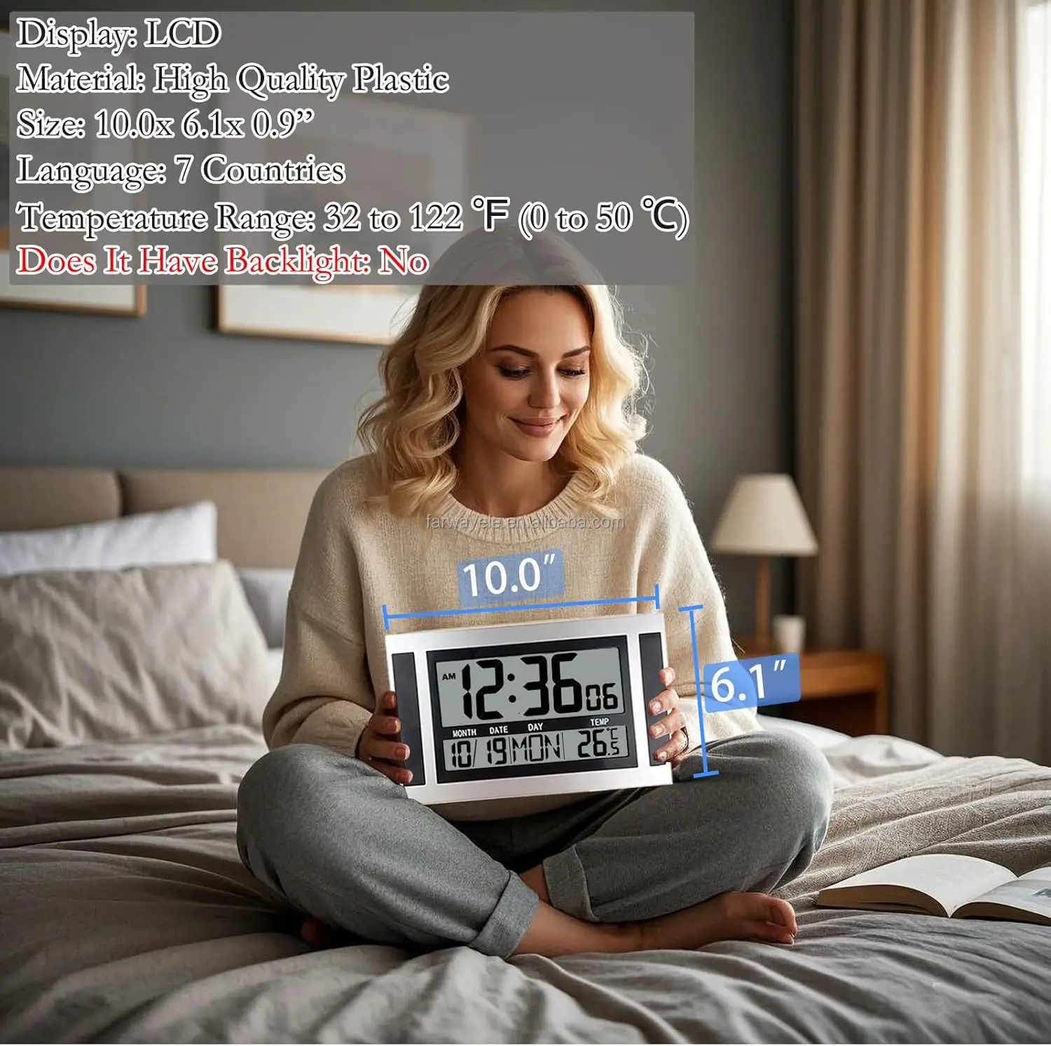 Large Display Digital Wall Clock Battery Operated with Big Numbers,Desk Clocks with Time Date Temperature, 2 Alarms with Snooze