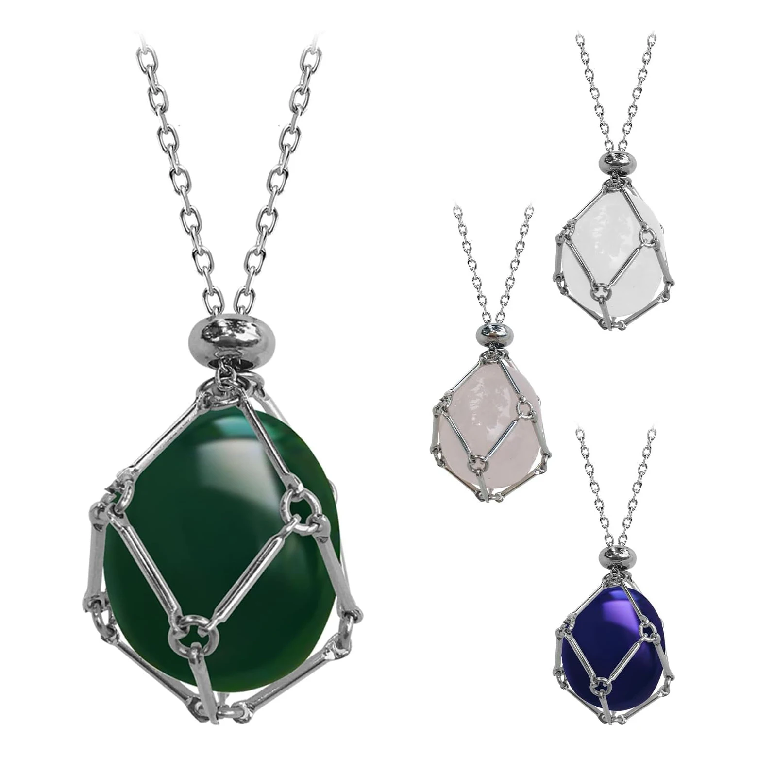 Adjustable Crystal Cage Necklace – Stainless Steel Pendant For Gemstones, Unisex Jewelry Gift