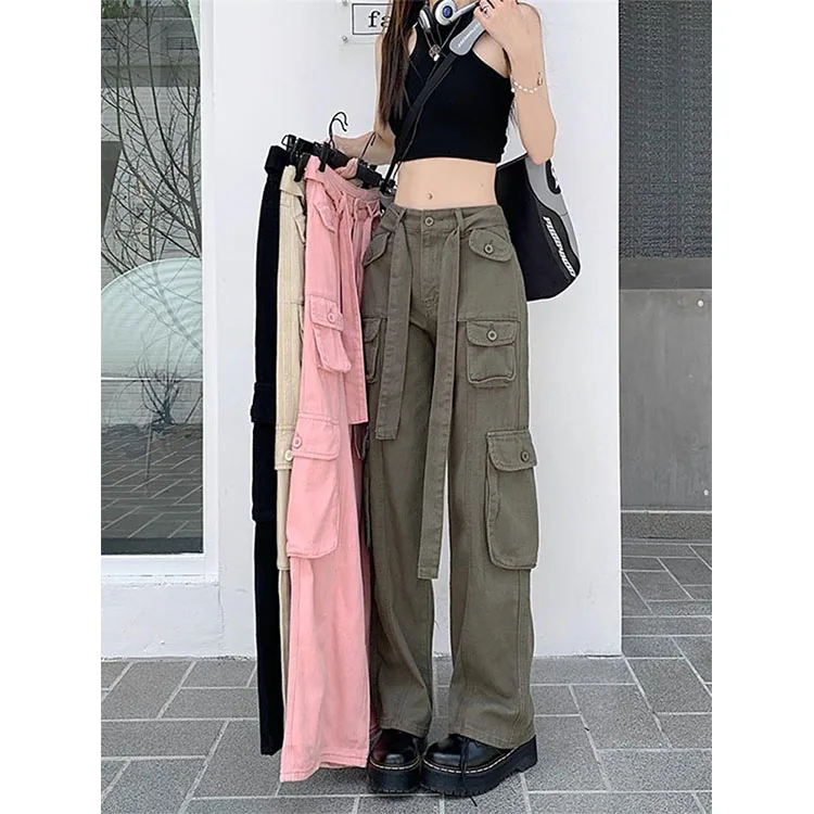 Women Cargo Pants Women's Trousers High Waist Loose Casual Trousers Vintage Lady Multi Pocket Streetwear Straight Wide Leg Jeans