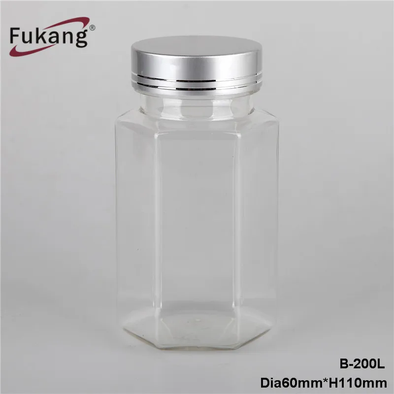 シルバーメタルキャップ付き200ccクリア六角形PETピルボトル、空
